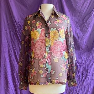 Vintage 1960s Lady Manhattan Floral Button-Down Blouse. Size M-L.